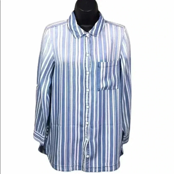 Intro. Striped Chambray Blue White Soft Long Sleeve Button Front Size S—B2 - Picture 3 of 8